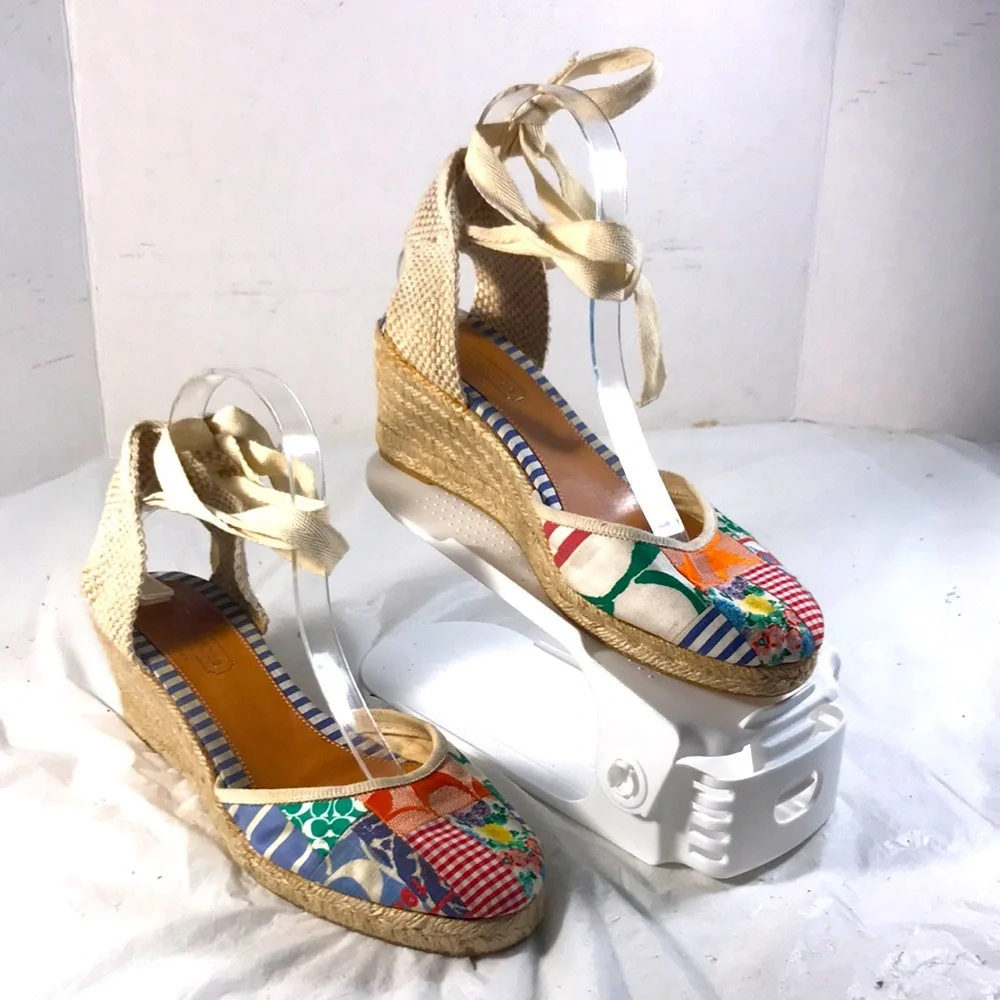 Coach Women’s Kerrie Patchwork Canvas Wedge Espadrille Ankle Tie Sandals Shoe